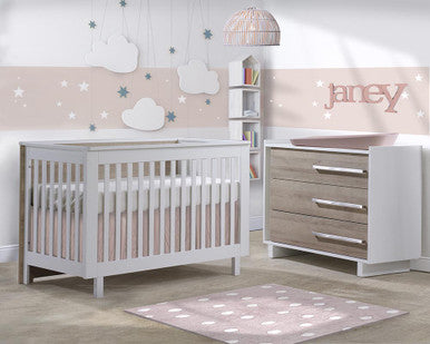 Natart Tulip Urban 2 Piece Set - Convertible Crib and 3 Drawer Dresser in White/Natural- Bambi Baby
