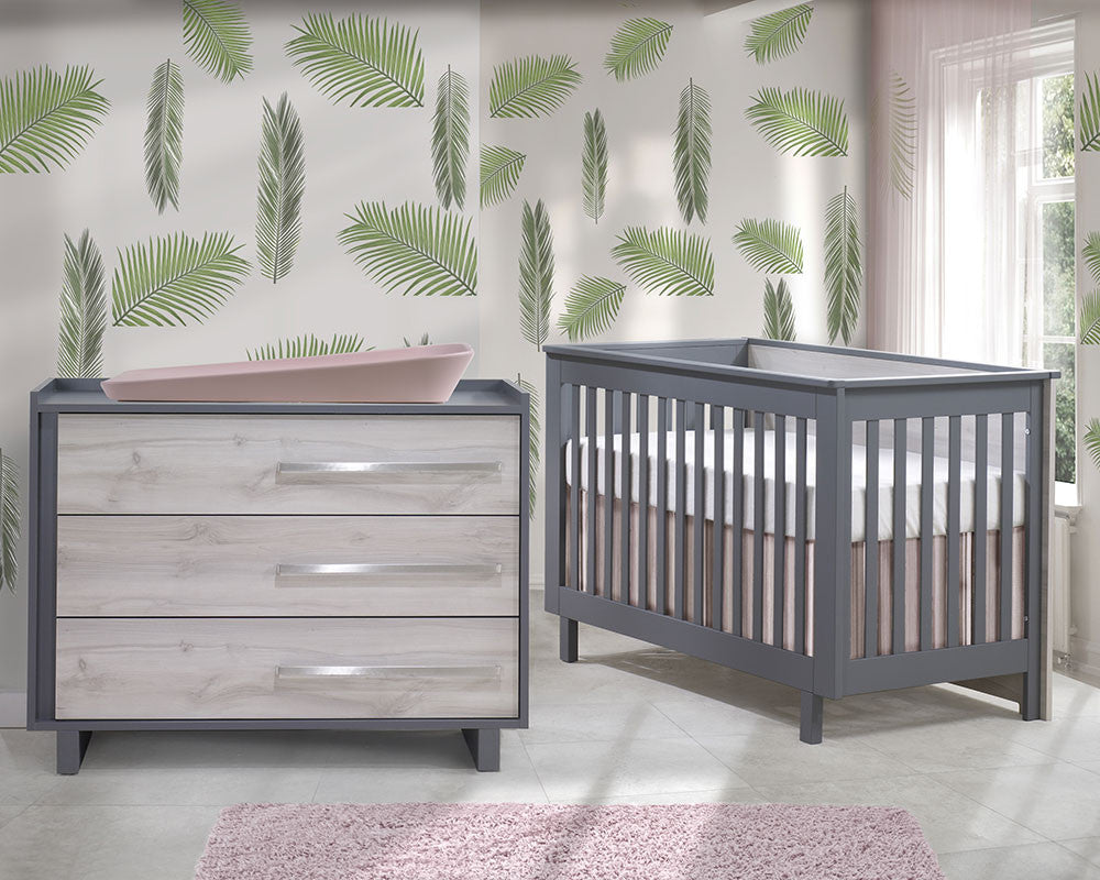 Natart Tulip Urban 2 Piece Set - Convertible Crib and 3 Drawer Dresser in Charcoal/Washed Walnut- Bambi Baby