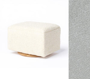 Fog Grey Chenille Nursery Ottoman with Wood Base - Front View with Fabric Swatch | Bambi Baby
